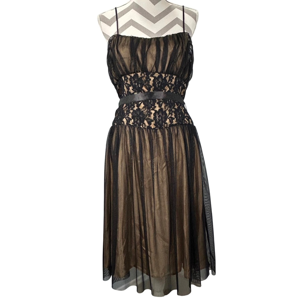 Connected Apparel Black Gold Lace‎ Mesh Overlay Midi Cocktail Dress Womens 12